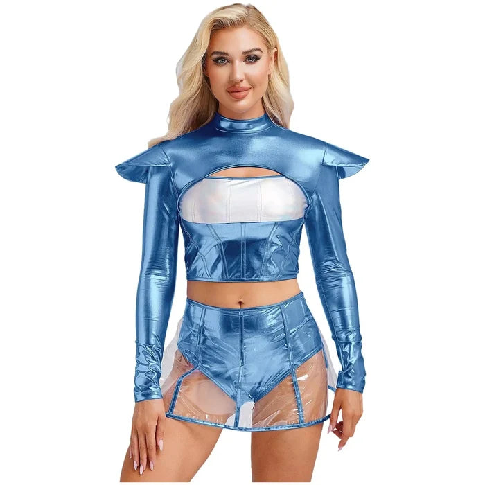 Woman wearing a blue metallic outfit with a white top on a white background