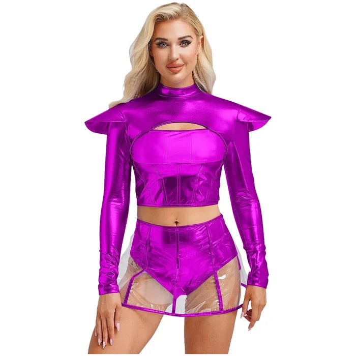 Woman wearing a shiny purple outfit on a white background