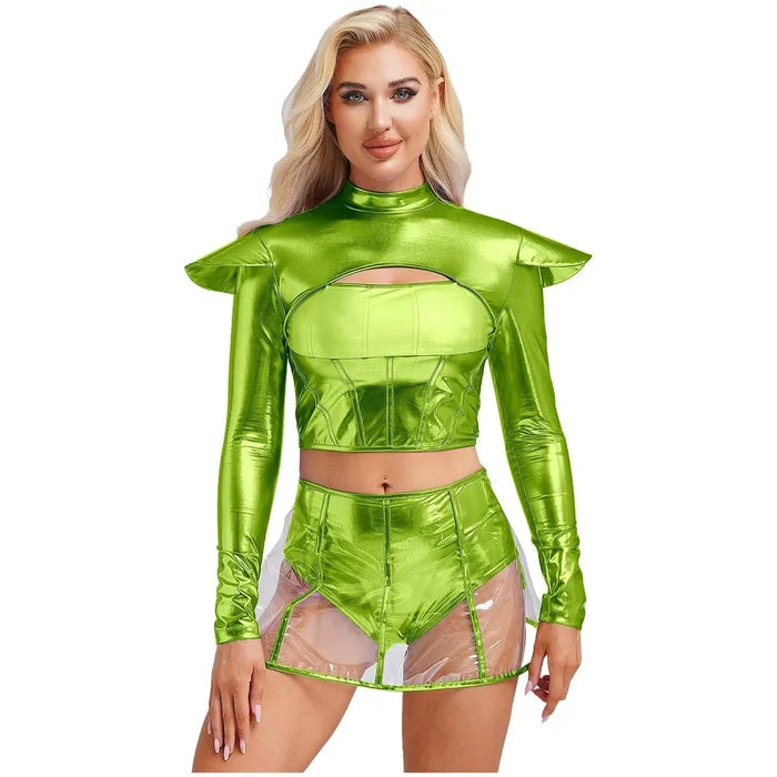 Woman wearing a shiny green outfit on a white background
