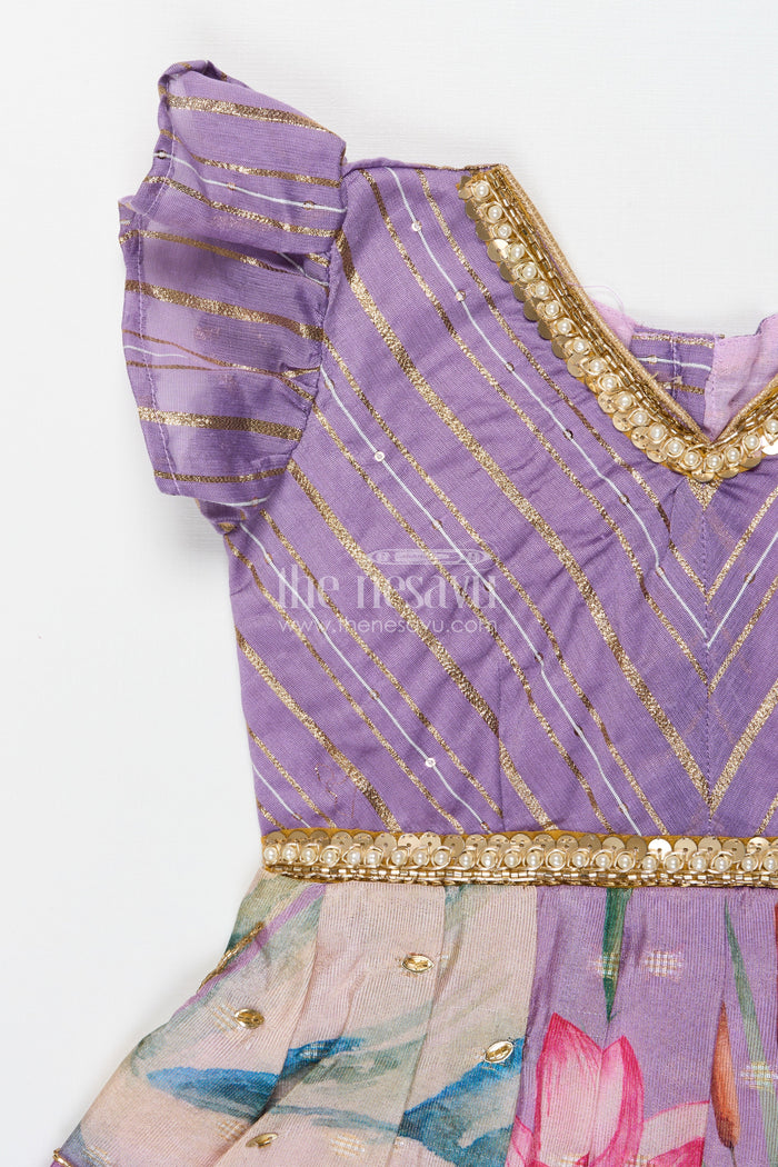 The Nesavu Silk Frock Silk Frock for Baby Girls for Festive Daywear and School Functions Nesavu 16 (1Y) / Purple SF1100A-16 Nesavu baby girl silk frock with puff sleeves and lotus print – perfect for cultural events and festive wear