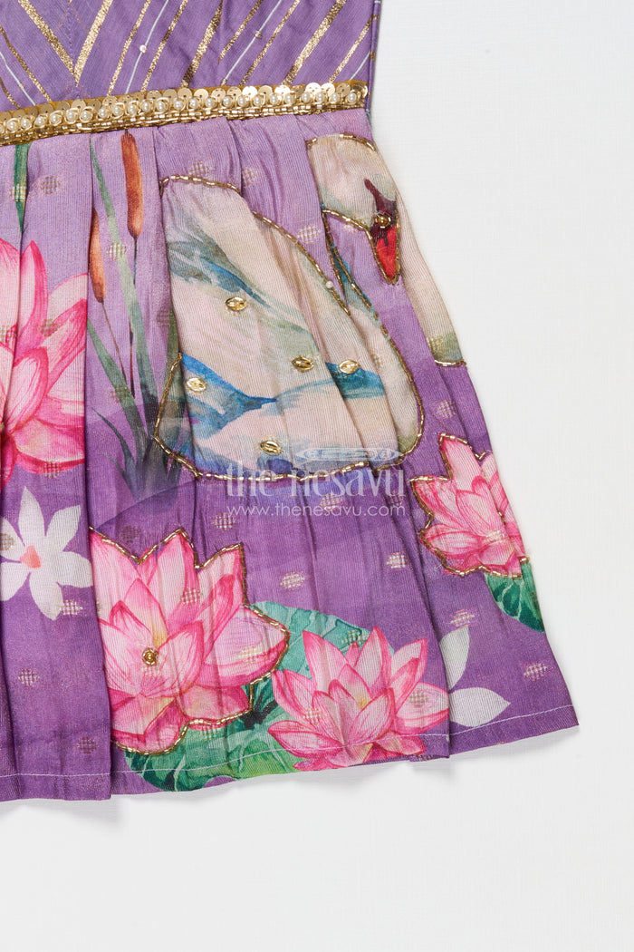 The Nesavu Silk Frock Silk Frock for Baby Girls for Festive Daywear and School Functions Nesavu 16 (1Y) / Purple SF1100A-16 Nesavu baby girl silk frock with puff sleeves and lotus print – perfect for cultural events and festive wear