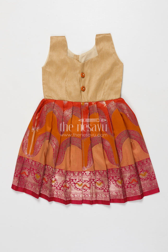 The Nesavu Silk Frock Silk Frock for Baby Girls for Traditional Occasions and Naming Ceremonies Nesavu 18 (2Y) / Orange SF1103A-18 Nesavu baby girl silk frock with raw silk yoke and zari border – ideal for naming ceremonies and temple events