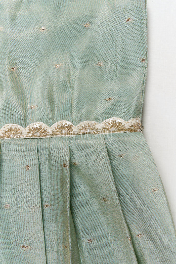 The Nesavu Silk Embroidered Frock Silk Frock for Baby Girls with Floral Detail for Festive and Casual Events Nesavu Nesavu silk frock for baby girls with lotus digital print and embroidered waist – perfect for festive wear