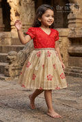 The Nesavu Silk Embroidered Frock Silk Frock for Baby Girls with Floral Prints for Birthday and Festive Wear Nesavu 16 (1Y) / Red / Silk Blend SF1111A-16 Nesavu silk frock for baby girls with digital floral prints and puff sleeves – perfect for birthdays and poojas