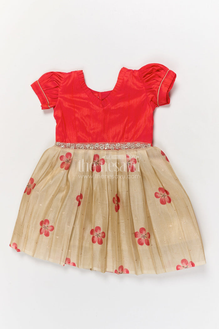 The Nesavu Silk Embroidered Frock Silk Frock for Baby Girls with Floral Prints for Birthday and Festive Wear Nesavu 16 (1Y) / Red / Silk Blend SF1111A-16 Nesavu silk frock for baby girls with digital floral prints and puff sleeves – perfect for birthdays and poojas