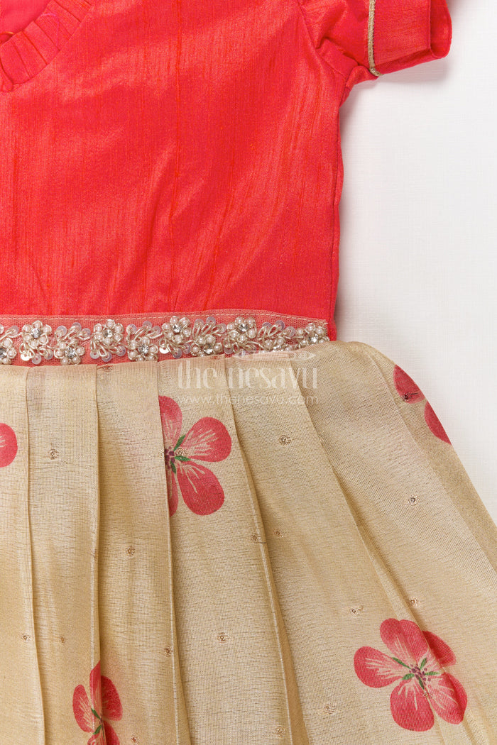 The Nesavu Silk Embroidered Frock Silk Frock for Baby Girls with Floral Prints for Birthday and Festive Wear Nesavu Nesavu silk frock for baby girls with digital floral prints and puff sleeves – perfect for birthdays and poojas