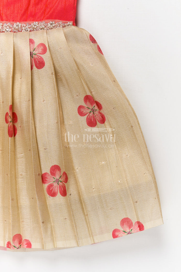 The Nesavu Silk Embroidered Frock Silk Frock for Baby Girls with Floral Prints for Birthday and Festive Wear Nesavu Nesavu silk frock for baby girls with digital floral prints and puff sleeves – perfect for birthdays and poojas