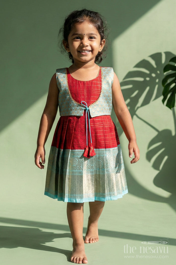 The Nesavu Girls Kanchi Silk Frock Silk Frock for Toddler Girls with Bridal Saree Inspired Detailing for Festive Occasions Nesavu Nesavu toddler girl silk frock with bridal saree inspired zari borders for traditional functions