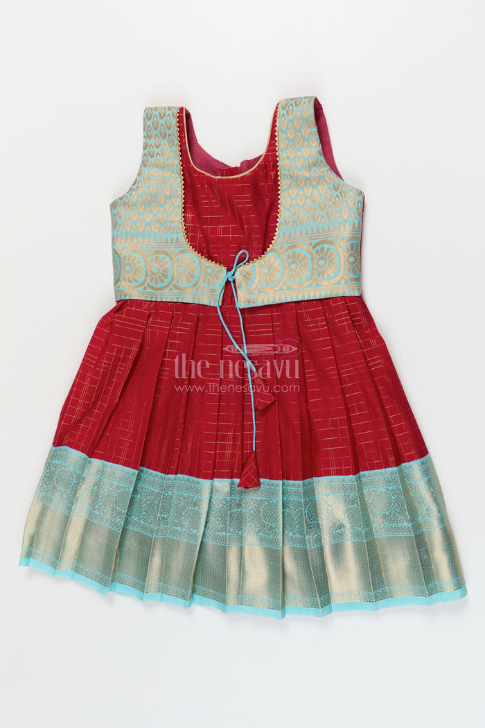 The Nesavu Girls Kanchi Silk Frock Silk Frock for Toddler Girls with Bridal Saree Inspired Detailing for Festive Occasions Nesavu 10 (NB) / Red / style 2 KSF004AB-10 Nesavu toddler girl silk frock with bridal saree inspired zari borders for traditional functions