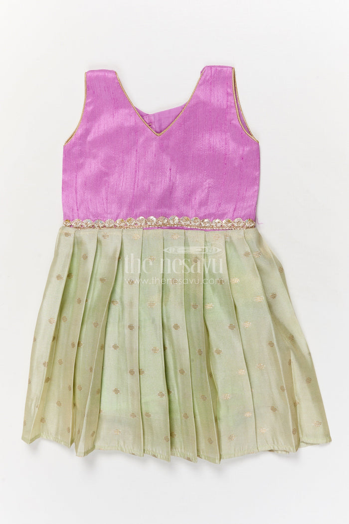 The Nesavu Silk Frock Silk Frock for Toddlers with Pleated Flare for Family Functions Nesavu 18 (2Y) / Purple / Silk Blend SF1115A-18 Nesavu silk frock for toddlers with shimmer pleated skirt – great for naming ceremonies and poojas