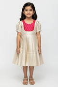 The Nesavu Silk Frock Silk Frocks Baby in Cream Tissue Silk with Magenta Embellished Yoke and Classic Pleated Skirt Nesavu 20 (3Y) / Half white SF1016B-20 Nesavu Cream Tissue Silk Frocks Baby Magenta Embellished Yoke Elegant Puff Sleeves