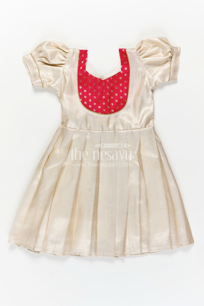 The Nesavu Silk Frock Silk Frocks Baby in Cream Tissue Silk with Magenta Embellished Yoke and Classic Pleated Skirt Nesavu 20 (3Y) / Half white SF1016B-20 Nesavu Cream Tissue Silk Frocks Baby Magenta Embellished Yoke Elegant Puff Sleeves