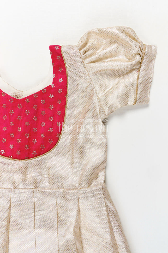 The Nesavu Silk Frock Silk Frocks Baby in Cream Tissue Silk with Magenta Embellished Yoke and Classic Pleated Skirt Nesavu Nesavu Cream Tissue Silk Frocks Baby Magenta Embellished Yoke Elegant Puff Sleeves
