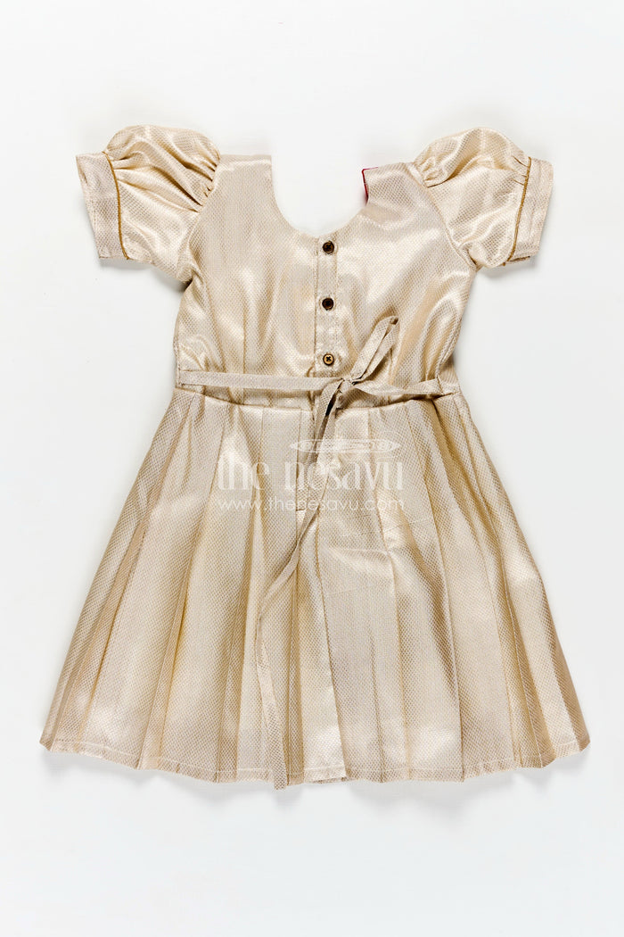 The Nesavu Silk Frock Silk Frocks Baby in Cream Tissue Silk with Magenta Embellished Yoke and Classic Pleated Skirt Nesavu Nesavu Cream Tissue Silk Frocks Baby Magenta Embellished Yoke Elegant Puff Sleeves