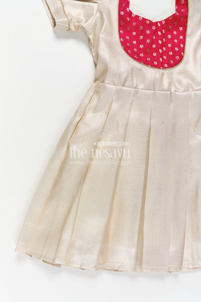 The Nesavu Silk Frock Silk Frocks Baby in Cream Tissue Silk with Magenta Embellished Yoke and Classic Pleated Skirt Nesavu Nesavu Cream Tissue Silk Frocks Baby Magenta Embellished Yoke Elegant Puff Sleeves