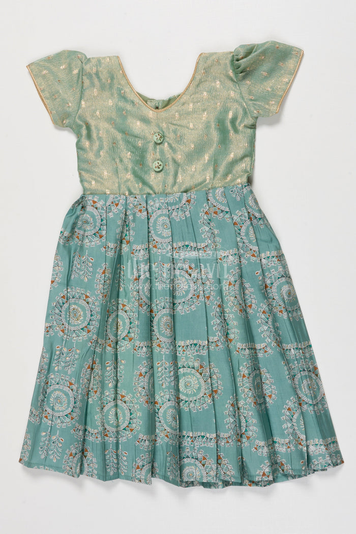 The Nesavu Girls Silk Gown Silk Gown for Girls for Temple Visits and Traditional Gatherings Nesavu 16 (1Y) / Green GA387A-16 Nesavu girls silk gown with tissue silk yoke and mandala prints for poojas and temple visits