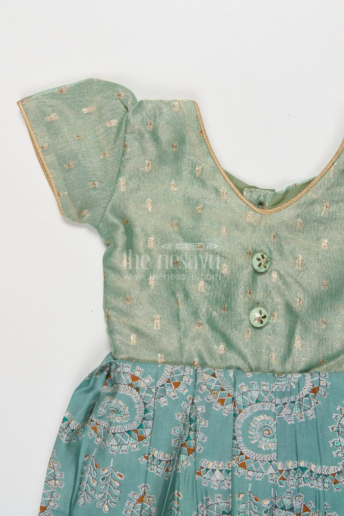 The Nesavu Girls Silk Gown Silk Gown for Girls for Temple Visits and Traditional Gatherings Nesavu Nesavu girls silk gown with tissue silk yoke and mandala prints for poojas and temple visits