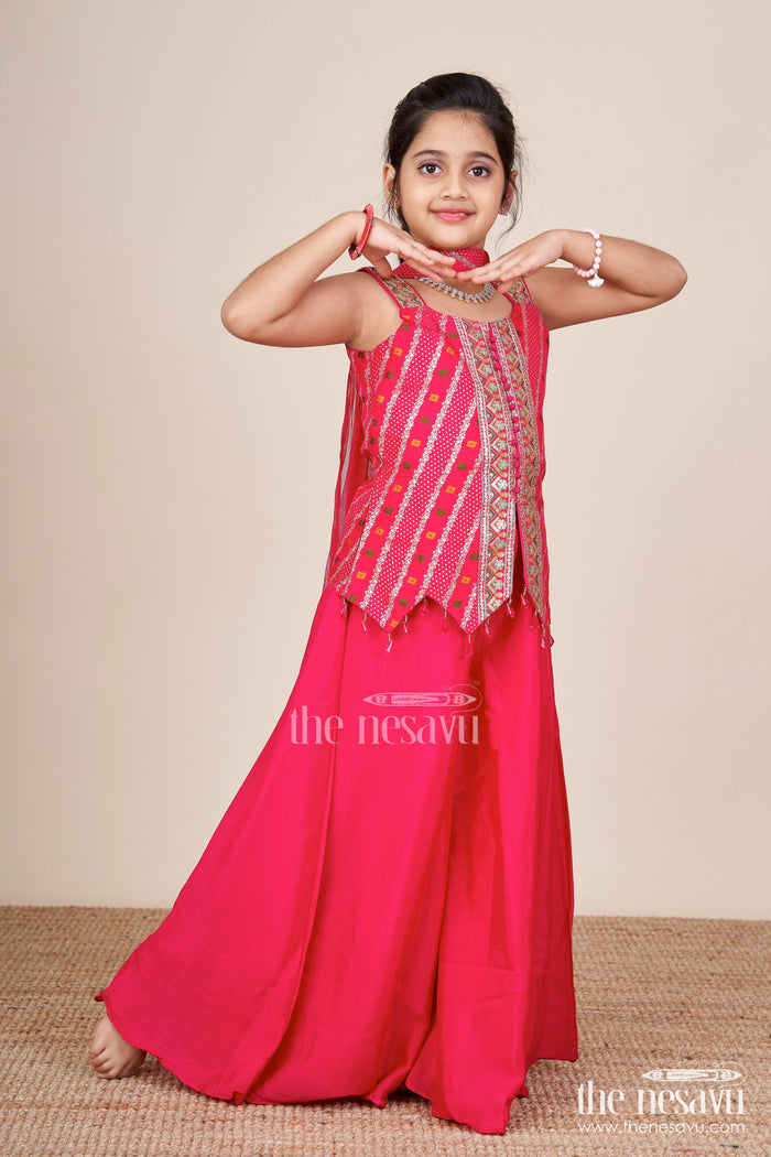 The Nesavu Girls Sharara / Plazo Set Sleeveless Flared Plazo Set with Mirror Embroidered Top Festive Ethnic Look for Girls Nesavu 26 (6Y) / Pink GPS749A-26 Mirror embroidered plazo set girls  festive ethnic wear Nesavu