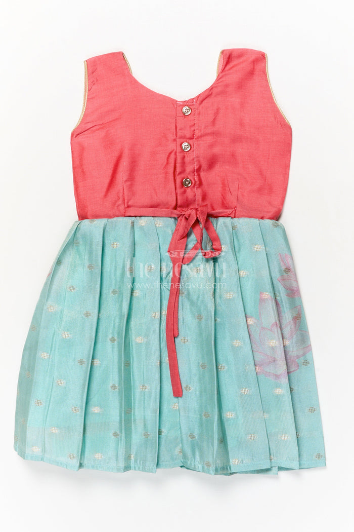 The Nesavu Silk Frock Sleeveless Silk Frock for Baby Girls with Lotus Print for Festive Wear Nesavu Nesavu sleeveless silk frock for baby girls with lotus motif and pleated skirt – perfect for ethnic occasions