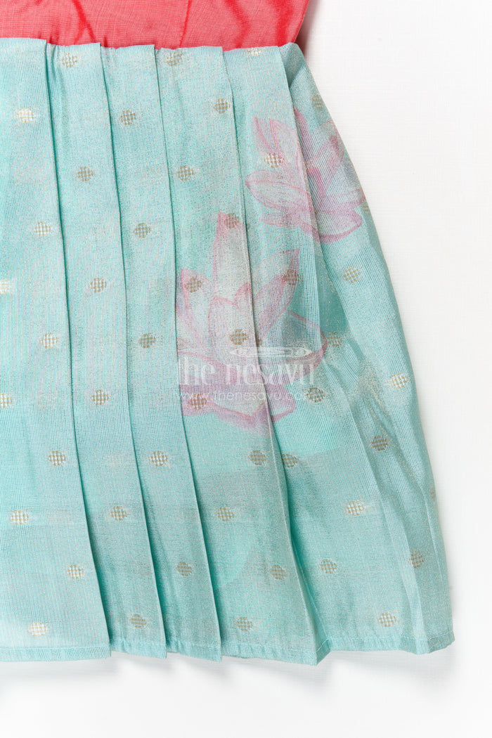 The Nesavu Silk Frock Sleeveless Silk Frock for Baby Girls with Lotus Print for Festive Wear Nesavu Nesavu sleeveless silk frock for baby girls with lotus motif and pleated skirt – perfect for ethnic occasions