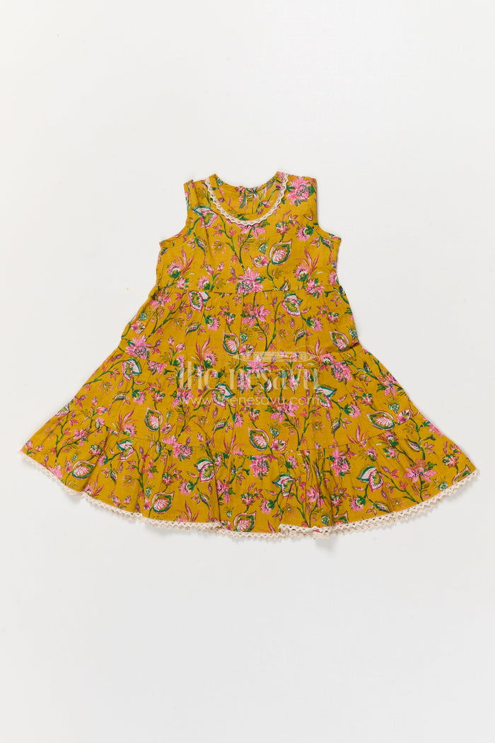 The Nesavu Girls Cotton Frock Sleeveless Yellow Floral Frock for Toddler Girls – Perfect for Summer and Outings Nesavu 16 (1Y) / Yellow GFC2050A-16 Nesavu sleeveless floral cotton frock for toddler girls in yellow – perfect for summer birthdays