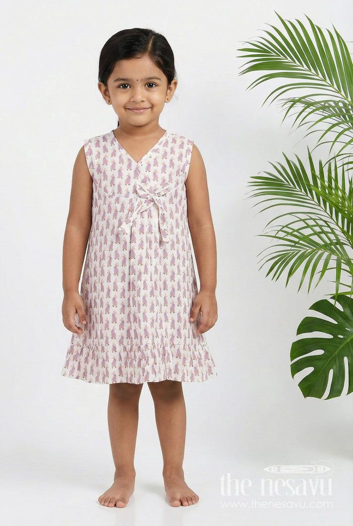 The Nesavu Girls Cotton Frock Soft Cotton Frock for Girls with Hand Block Bunny Print and Elegant Frill Edges in Off White Nesavu 18 (2Y) / Half white GFC1793A-18 Nesavu Girls Soft Cotton Frock Hand Block Bunny Print Frilled Hem Creamy White