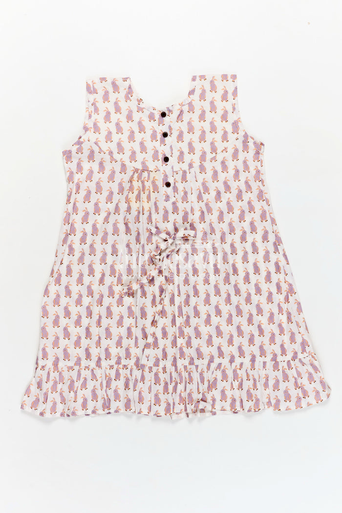 The Nesavu Girls Cotton Frock Soft Cotton Frock for Girls with Hand Block Bunny Print and Elegant Frill Edges in Off White Nesavu Nesavu Girls Soft Cotton Frock Hand Block Bunny Print Frilled Hem Creamy White