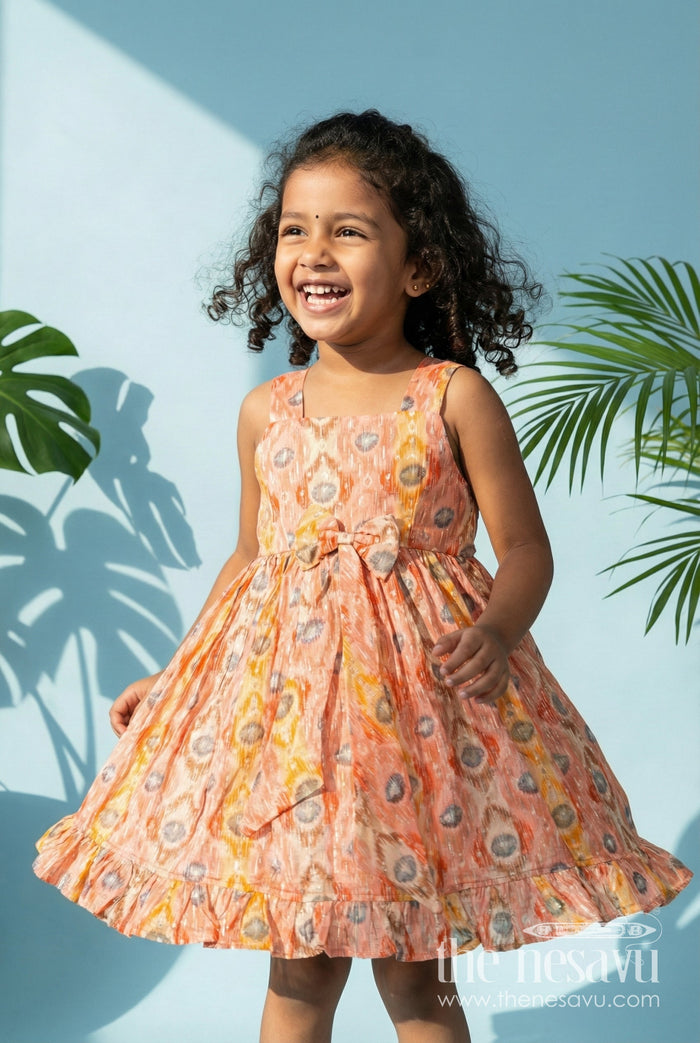 The Nesavu Girls Fancy Frock Soft Modal Silk Frock for Girls in Orange with Digital Peacock-Inspired Print and Flowy Fit Nesavu 18 (2Y) / Yellow GFC1791C-18 Nesavu Soft Modal Silk Frock Girls Orange Peacock Digital Print Ruffled Hem