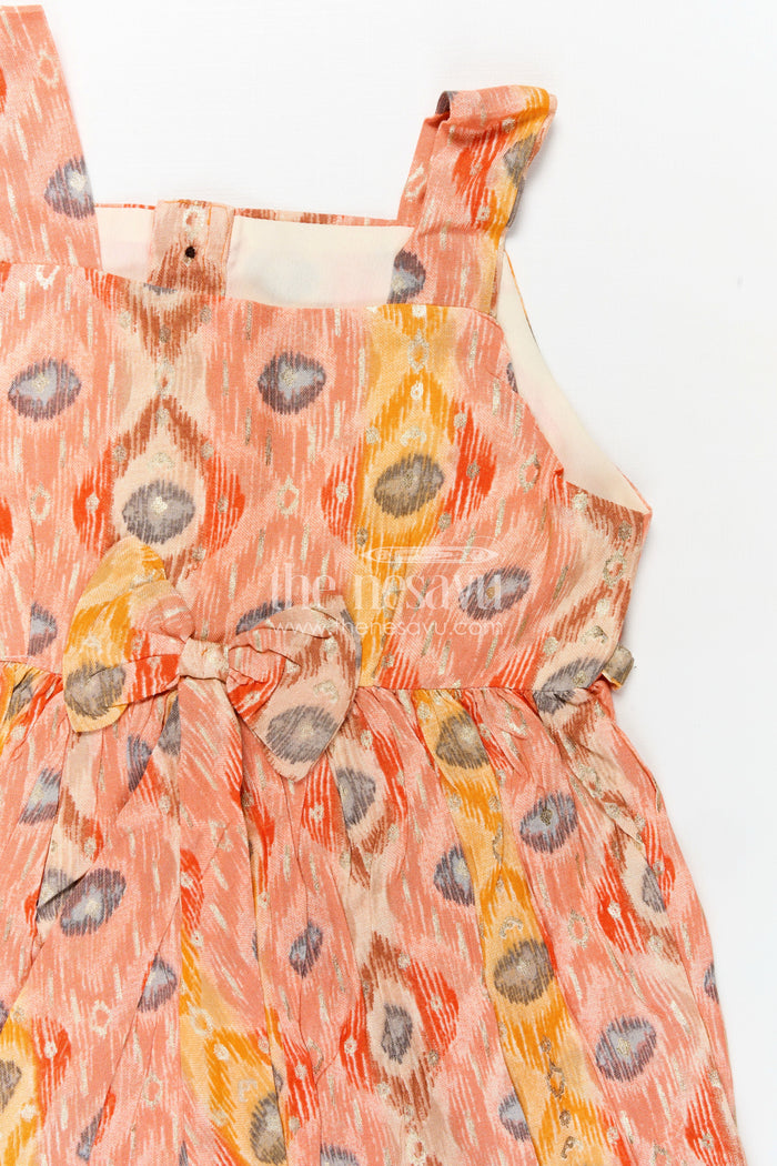 The Nesavu Girls Fancy Frock Soft Modal Silk Frock for Girls in Orange with Digital Peacock-Inspired Print and Flowy Fit Nesavu Nesavu Soft Modal Silk Frock Girls Orange Peacock Digital Print Ruffled Hem
