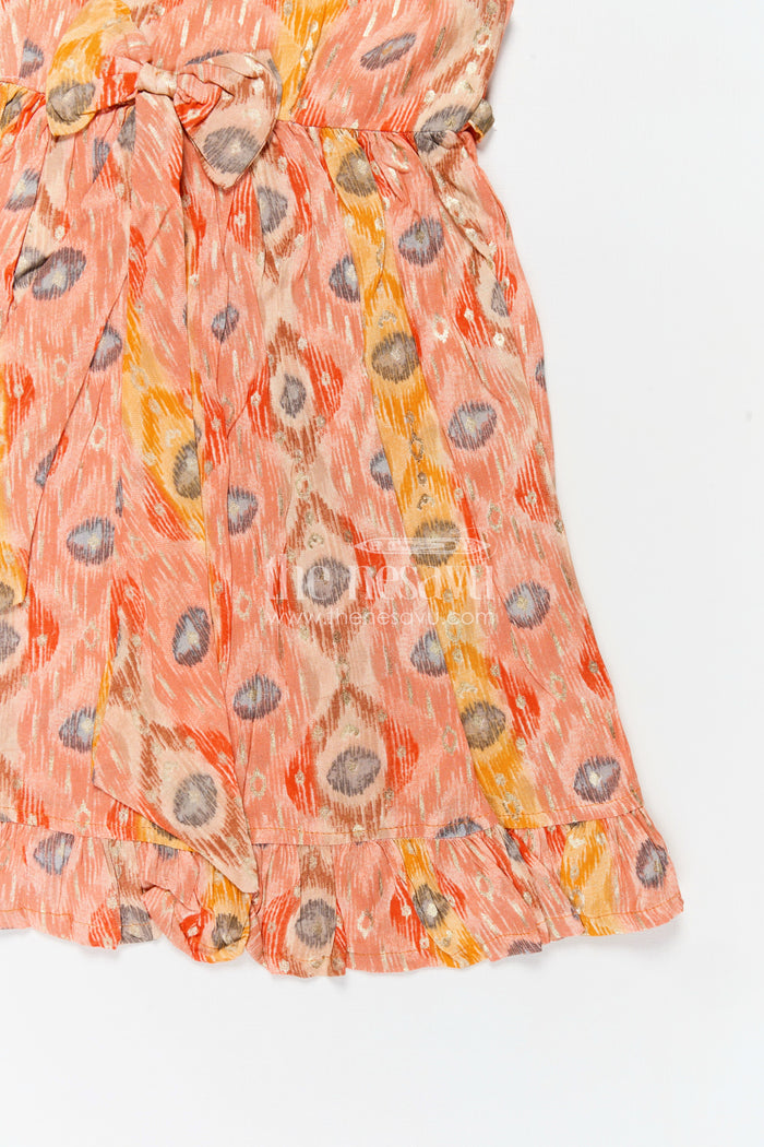 The Nesavu Girls Fancy Frock Soft Modal Silk Frock for Girls in Orange with Digital Peacock-Inspired Print and Flowy Fit Nesavu Nesavu Soft Modal Silk Frock Girls Orange Peacock Digital Print Ruffled Hem