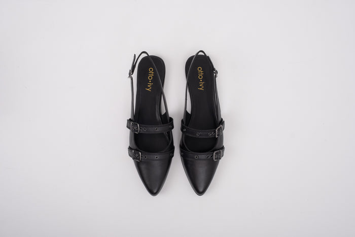 Aerial shot of womens black leather flat slingback shoes in large sizes 42-46