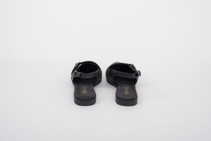 Back shot of black leather womens flat slingback shoes in larger sizes 8-12
