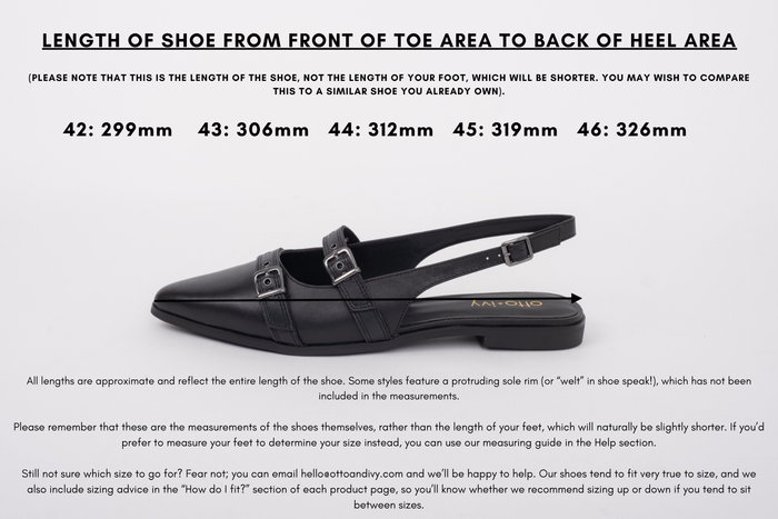 Measurement diagram of large size leather womens flat shoes in sizes 42 43 44 45 46
