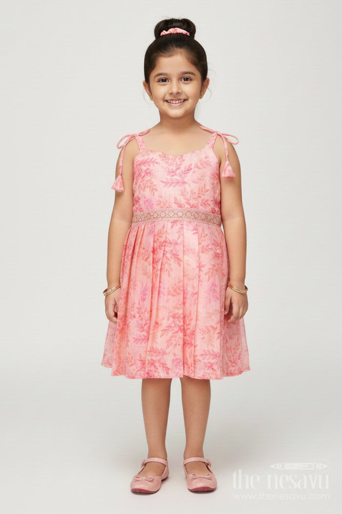 The Nesavu Tie-up Frock Tie-up Frock for Baby Girls for Casual Celebrations and Playdates Nesavu 16 (1Y) / Pink T416B-16 Nesavu baby girl tie-up frock in Kotta silk with floral print – perfect for birthdays and festive outings