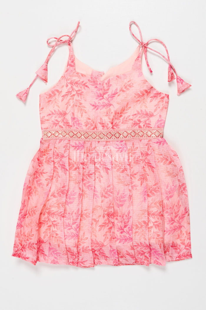 The Nesavu Tie-up Frock Tie-up Frock for Baby Girls for Casual Celebrations and Playdates Nesavu 16 (1Y) / Pink T416B-16 Nesavu baby girl tie-up frock in Kotta silk with floral print – perfect for birthdays and festive outings