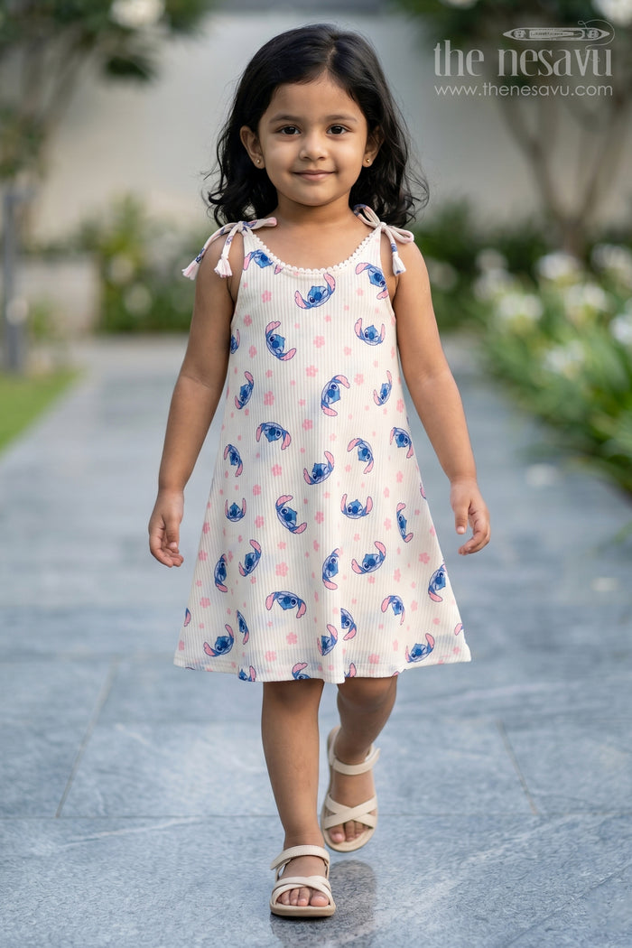 The Nesavu Tie-up Frock Tie-up Shoulder Frock for Toddler Girls with Playful Cartoon Print Nesavu 18 (2Y) / Half white / Georgette T423A-18 Nesavu georgette tie-up frock for toddler girls with cartoon print and flared fit