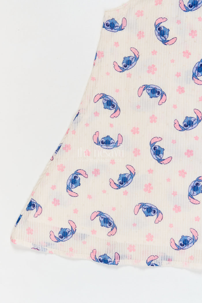The Nesavu Tie-up Frock Tie-up Shoulder Frock for Toddler Girls with Playful Cartoon Print Nesavu 18 (2Y) / Half white / Georgette T423A-18 Nesavu georgette tie-up frock for toddler girls with cartoon print and flared fit