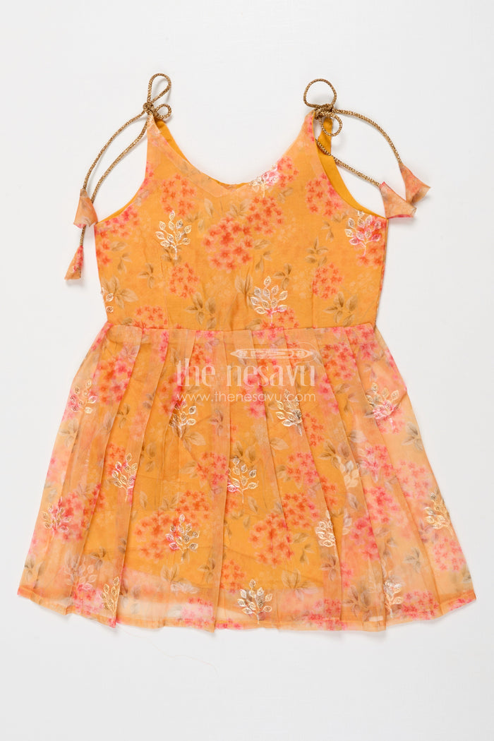 The Nesavu Tie-up Frock Tie-up Silk Frock for Baby Girls for Ethnic Day and Festive Playwear Nesavu 18 (2Y) / Yellow T417A-18 Nesavu semi Banaras tie-up silk frock with floral digital print – great for ethnic day and casual celebrations