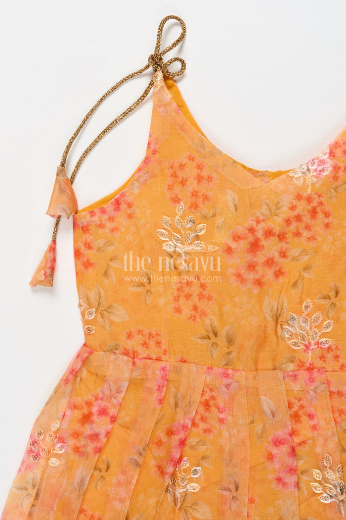The Nesavu Tie-up Frock Tie-up Silk Frock for Baby Girls for Ethnic Day and Festive Playwear Nesavu Nesavu semi Banaras tie-up silk frock with floral digital print – great for ethnic day and casual celebrations