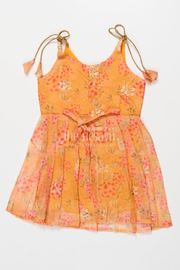 The Nesavu Tie-up Frock Tie-up Silk Frock for Baby Girls for Ethnic Day and Festive Playwear Nesavu Nesavu semi Banaras tie-up silk frock with floral digital print – great for ethnic day and casual celebrations