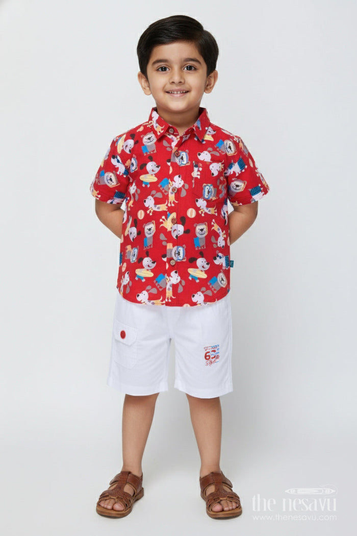 The Nesavu Boys Casual Set Toddler Boy Cotton Casual Set with Printed Shirt and Shorts for Everyday Outings Nesavu 16 (1Y) / Red BCS463A-16 Nesavu toddler boy cotton casual wear set with printed shirt and shorts for daily comfort