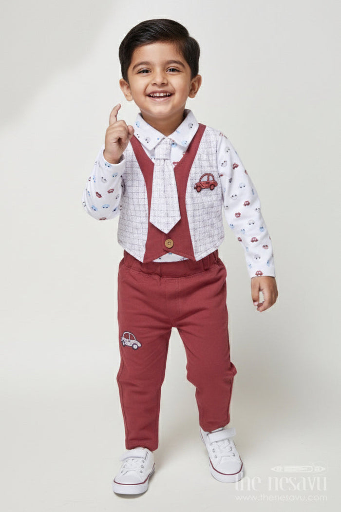 The Nesavu Boys Casual Set Toddler Boy Cotton Outfit Set for Day Trips and Casual Events Nesavu 14 (6M) / Maroon BCS526A-14 Nesavu toddler boy cotton printed shirt pant set casual outings everyday wear