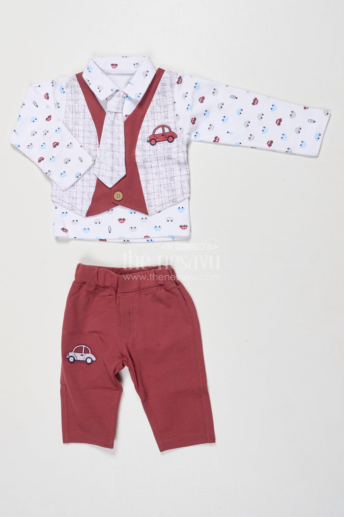 The Nesavu Boys Casual Set Toddler Boy Cotton Outfit Set for Day Trips and Casual Events Nesavu 14 (6M) / Maroon BCS526A-14 Nesavu toddler boy cotton printed shirt pant set casual outings everyday wear