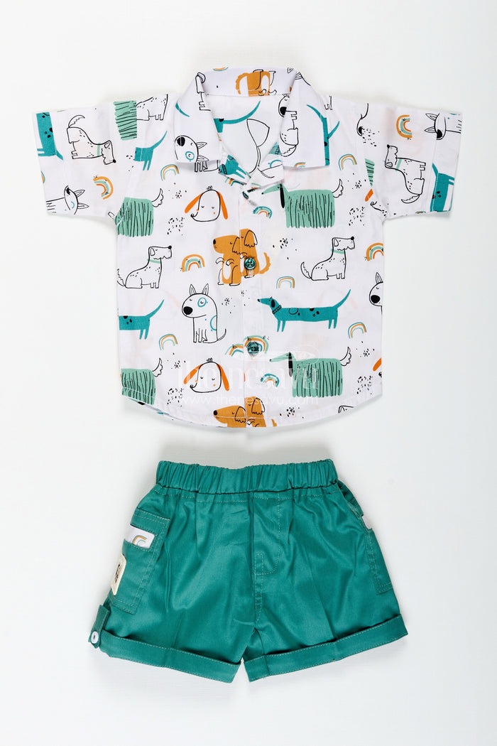 The Nesavu Boys Casual Set Toddler Boy Cotton Outfit with Animal Print for Summer Nesavu 12 (3M) / Green BCS342B-12 Nesavu Toddler Boys Summer Cotton Shirt Shorts Set Animal Print Breathable Fabric