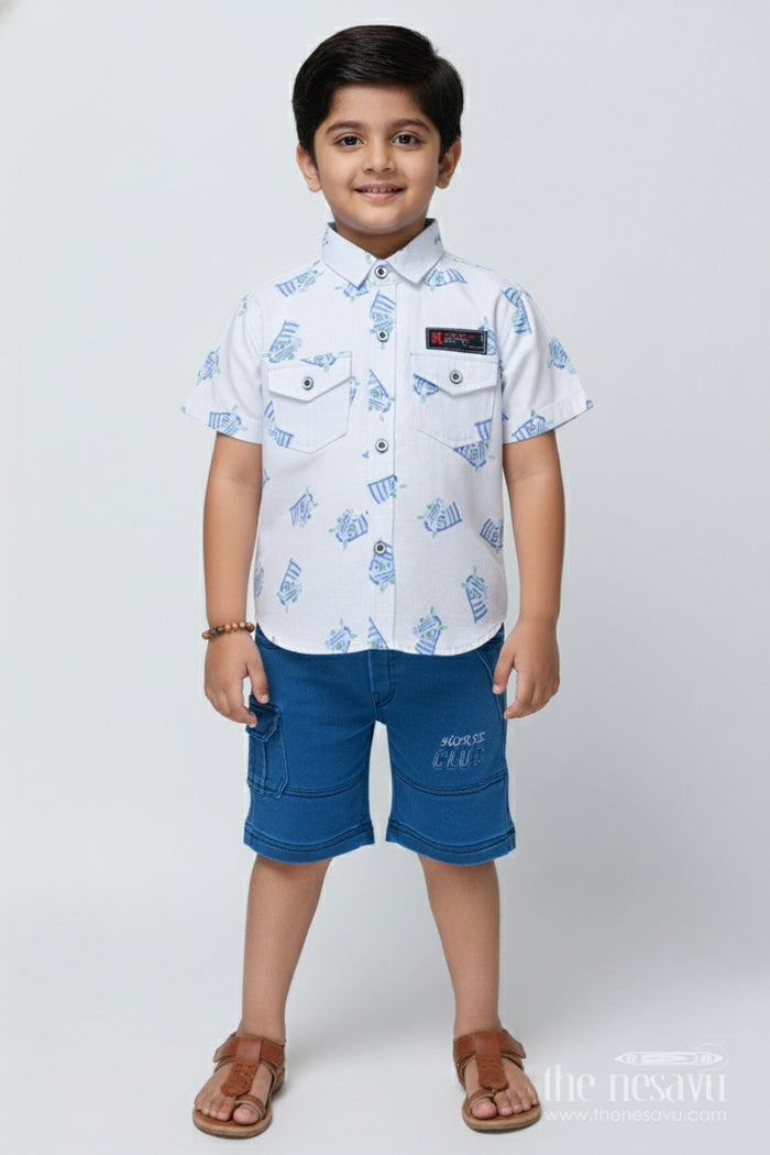 The Nesavu Boys Casual Set Toddler Boys Animal Print Casual Set for Summer Park Outings Nesavu 14 (6M) / White BCS500B-14 Nesavu toddler boys animal print cotton casual set summer outings playful days