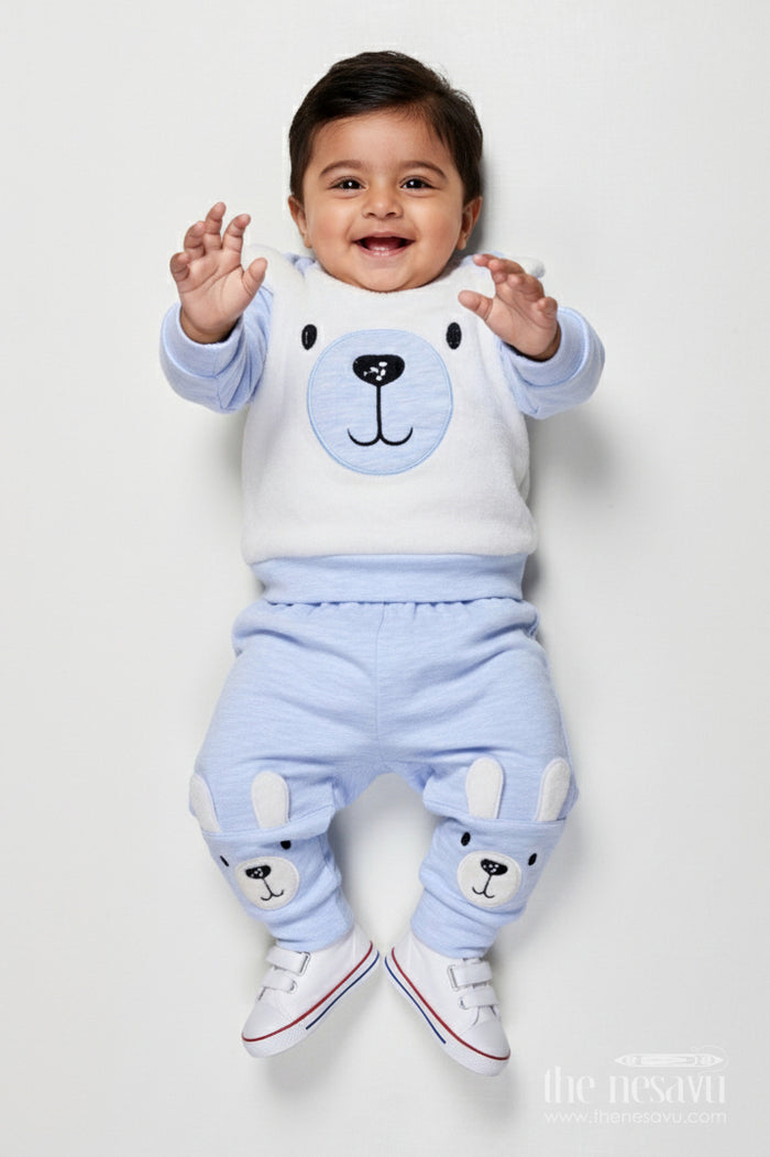The Nesavu Boys Casual Set Toddler Boys Cotton Jogger Set with Bear Print for Cozy Daily Wear Nesavu 12 (3M) / Blue BCS521B-12 Nesavu boys cotton jogger set bear print toddlers  perfect cozy days casual play