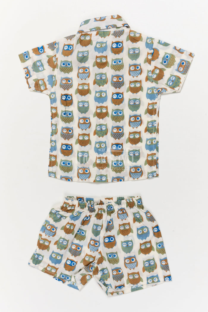 The Nesavu Boys Casual Set Toddler Boys Cotton Set with Quirky Owl Print for Casual Days Nesavu Nesavu cotton casual outfit for toddler boys with quirky owl print – breathable and playful wear