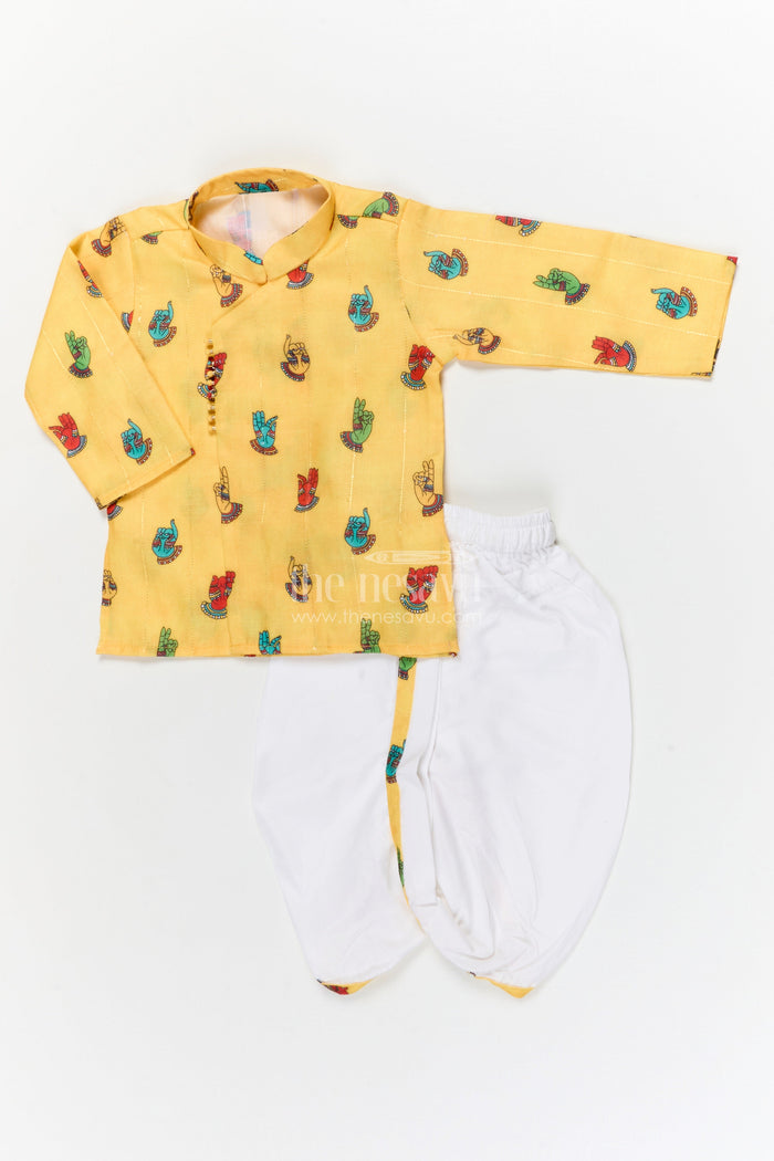 The Nesavu Boys Dothi Set Toddler Boys Dhoti Set for Weddings and Ethnic Functions Nesavu 12 (3M) / Yellow / Silk Blend BES947A-12 Nesavu toddler boys dhoti set with digital print for ethnic celebrations and weddings