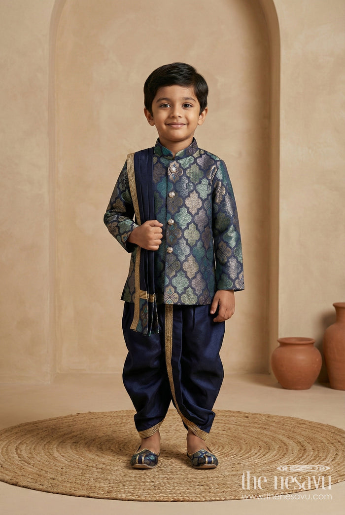 The Nesavu Boys Dothi Set Toddler Boys Festive Dhoti Kurta Set with Jacket-style Detailing Nesavu 12 (3M) / Blue / Banarasi BES949A-12 Nesavu toddler boys Banaras jacquard silk dhoti kurta set with jacket-style kurta for festive occasions