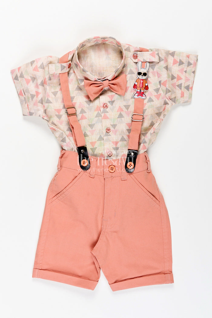 The Nesavu Boys Casual Set Toddler Boys Geometric Print Shirt and Terracotta Shorts Set with Cap and Suspenders Nesavu Nesavu toddler boys geometric print shirt with terracotta shorts, cap, and suspenders